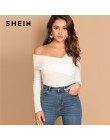SHEIN biała asymetryczna szyja jednolita koszulka z dzianiny Slim Fit Party luźny pulower z długim rękawem 2018 jesienna koszulk