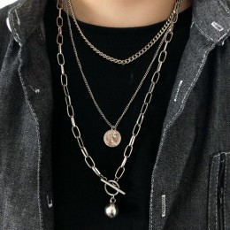 Nowe modne metalowe kulki monety krzyż wisiorek wielowarstwowy Punk projekt długi łańcuch naszyjnik dla kobiet mężczyzn biżuteri