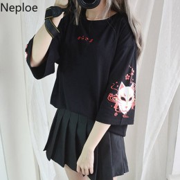 Neploe japońska koszulka damska harajuku nadruk w stylu vintage czarna koszulka wiązanie na plecach z krótkim rękawem topy damsk
