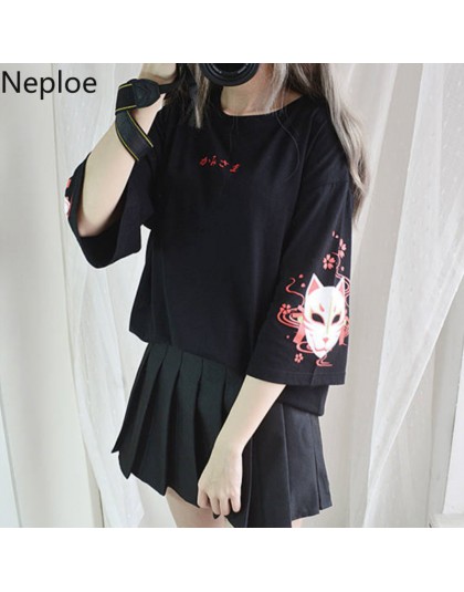 Neploe japońska koszulka damska harajuku nadruk w stylu vintage czarna koszulka wiązanie na plecach z krótkim rękawem topy damsk