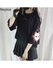 Neploe japońska koszulka damska harajuku nadruk w stylu vintage czarna koszulka wiązanie na plecach z krótkim rękawem topy damsk