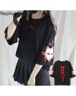 Neploe japońska koszulka damska harajuku nadruk w stylu vintage czarna koszulka wiązanie na plecach z krótkim rękawem topy damsk