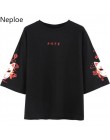 Neploe japońska koszulka damska harajuku nadruk w stylu vintage czarna koszulka wiązanie na plecach z krótkim rękawem topy damsk