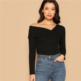 SHEIN biała asymetryczna szyja jednolita koszulka z dzianiny Slim Fit Party luźny pulower z długim rękawem 2018 jesienna koszulk