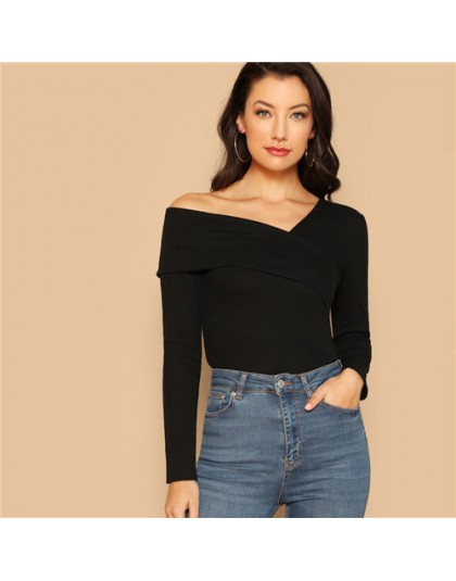SHEIN biała asymetryczna szyja jednolita koszulka z dzianiny Slim Fit Party luźny pulower z długim rękawem 2018 jesienna koszulk