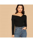 SHEIN biała asymetryczna szyja jednolita koszulka z dzianiny Slim Fit Party luźny pulower z długim rękawem 2018 jesienna koszulk