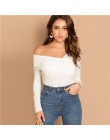 SHEIN biała asymetryczna szyja jednolita koszulka z dzianiny Slim Fit Party luźny pulower z długim rękawem 2018 jesienna koszulk