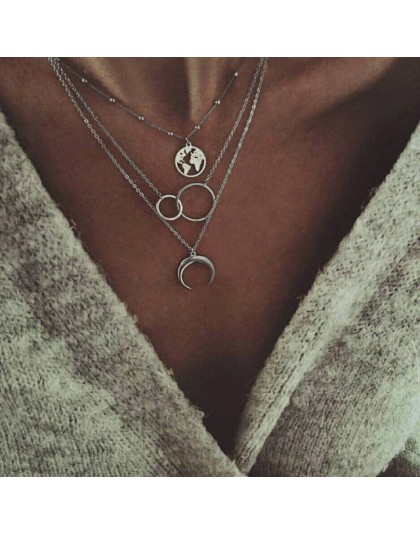 Boho naszyjniki Vintage wielowarstwowy choker naszyjnik dla kobiet modny kołnierz Collier Femme biżuteria z motywem księżyca akc