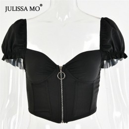 Julissa mo Sexy V Neck gorset krótki Top kobiety moda Ruffles Zipper letna koszulka Top 2019 kostiumy kąpielowe Casual Backless 