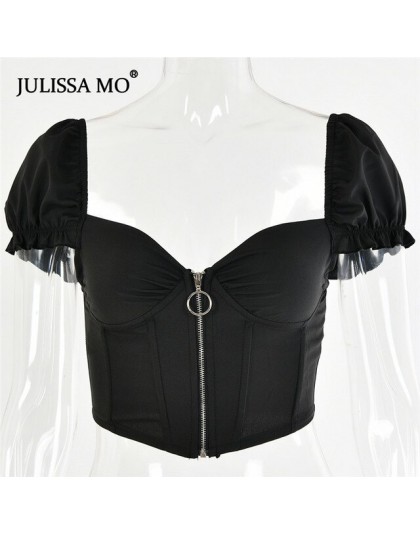 Julissa mo Sexy V Neck gorset krótki Top kobiety moda Ruffles Zipper letna koszulka Top 2019 kostiumy kąpielowe Casual Backless 