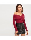 SHEIN biała asymetryczna szyja jednolita koszulka z dzianiny Slim Fit Party luźny pulower z długim rękawem 2018 jesienna koszulk