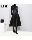 [EAM] 2020 nowa wiosna jesień jednolity kolor bez ramiączek czarny PU skóra wysokiej talii pas zamek luźna sukienka kobiety mody