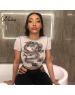 Weekeep Sexy przycięte perspektywy siatkowy top t shirt kobiety biały nadruk ze smokiem O-neck Bodycon tshirt lato moda krótki t