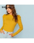 SHEIN musztarda elegancki minimalistyczny bufiaste rękawy żebra dzianiny jednolity pulower Slim Fit Tee 2018 jesień urząd Lady k