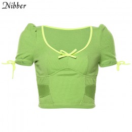 NIBBER Neon zielony miękka prążkowana dzianina śliczne blisko ciała crop top kobiety t-shirty 2019 moda jesień casual bufiaste r