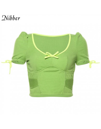 NIBBER Neon zielony miękka prążkowana dzianina śliczne blisko ciała crop top kobiety t-shirty 2019 moda jesień casual bufiaste r