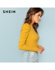 SHEIN musztarda elegancki minimalistyczny bufiaste rękawy żebra dzianiny jednolity pulower Slim Fit Tee 2018 jesień urząd Lady k
