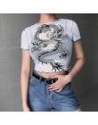 Weekeep Sexy przycięte perspektywy siatkowy top t shirt kobiety biały nadruk ze smokiem O-neck Bodycon tshirt lato moda krótki t