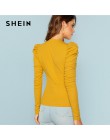 SHEIN musztarda elegancki minimalistyczny bufiaste rękawy żebra dzianiny jednolity pulower Slim Fit Tee 2018 jesień urząd Lady k