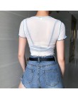 Weekeep Sexy przycięte perspektywy siatkowy top t shirt kobiety biały nadruk ze smokiem O-neck Bodycon tshirt lato moda krótki t