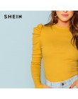 SHEIN musztarda elegancki minimalistyczny bufiaste rękawy żebra dzianiny jednolity pulower Slim Fit Tee 2018 jesień urząd Lady k