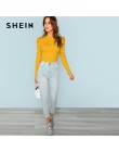 SHEIN musztarda elegancki minimalistyczny bufiaste rękawy żebra dzianiny jednolity pulower Slim Fit Tee 2018 jesień urząd Lady k