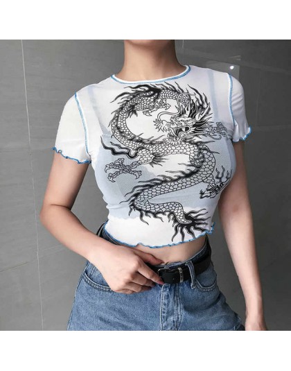Weekeep Sexy przycięte perspektywy siatkowy top t shirt kobiety biały nadruk ze smokiem O-neck Bodycon tshirt lato moda krótki t