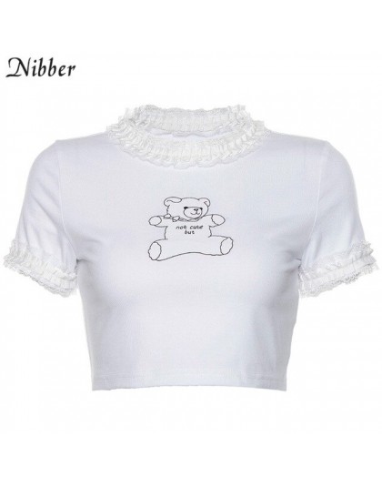 Nibber cute Cartoon drukowana, koronkowa tapicerka krótkie bluzki damskie t-shirty letnia moda białe bawełniane koszulki mujer z