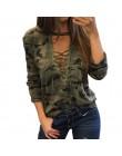 Kamuflaż drukuj kobiety z długim rękawem Slim T-Shirt moda dekolt sznurowane Lady seksowne topy styl wojskowy Casual koszulka da