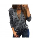 Kamuflaż drukuj kobiety z długim rękawem Slim T-Shirt moda dekolt sznurowane Lady seksowne topy styl wojskowy Casual koszulka da