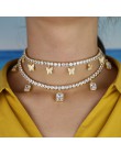 Serce strzałka cz łańcuch tenisowy z luksusowym kroplówki cz motylkowe wisiorki 32 + 10cm choker naszyjniki iced out bling wielo