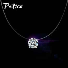 Nowe koreańskie kobiety 925 Sterling Silver wisiorek z cyrkonią w kształcie kostki naszyjniki niewidoczne przezroczysty drut węd