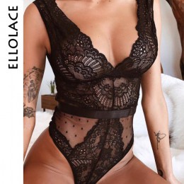 Ellolace lato koronkowe Body kobiety kwiatowy haft głębokie V Neck Sexy Body Dot Patchwork kombinezon kombinezony 2019 Femlae Bo