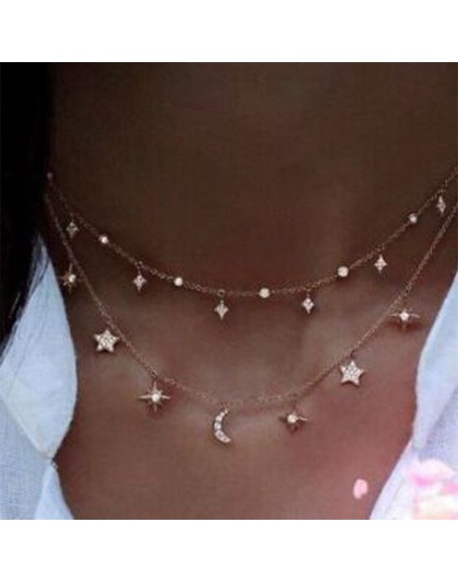 2019 Vintage wielowarstwowe złoto naszyjniki dla kobiet moda księżyc wisiorek w kształcie gwiazdy Crystal Chain naszyjniki i Boh