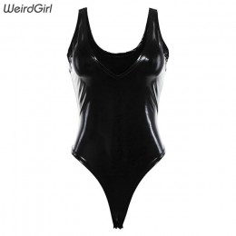 Weirdgirl kobiety pu skórzane body Sexy Party czarny dekolt w serek chuda wiosenna, bez rękawów Highstreet Spaghetti Strap pajac