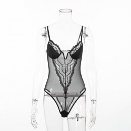 Kryptograficzne głębokie V moda seksowne body koronkowe damskie patchworkowy, z siatką przezroczysty kombinezon damski slim body