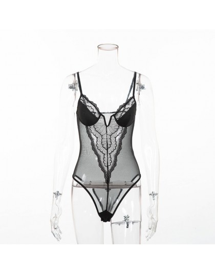Kryptograficzne głębokie V moda seksowne body koronkowe damskie patchworkowy, z siatką przezroczysty kombinezon damski slim body