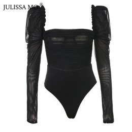 Julissa mo czarna dwuwarstwowa siatka Sexy body damskie topy jesień nowy długi rękaw średnio wysoka talia body damskie kombinezo