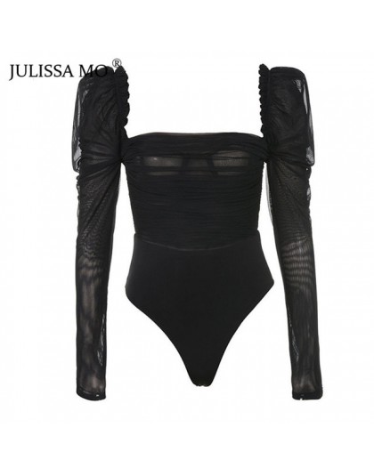 Julissa mo czarna dwuwarstwowa siatka Sexy body damskie topy jesień nowy długi rękaw średnio wysoka talia body damskie kombinezo