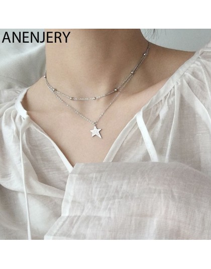 ANENJERY 925 Sterling Silver Micro cyrkonia gwiazda naszyjniki dla kobiet podwójne koraliki łańcuch spersonalizowany naszyjnik S