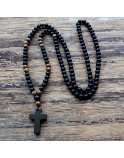 6MM czarne kamienne koraliki drewniane z czarnym kamienny krzyż wisiorek mężczyzna naszyjnik różaniec mężczyzna Mala biżuteria