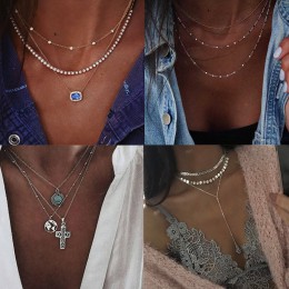 IPARAM 2019 Vintage Crystal wielowarstwowy wisiorek naszyjnik dla kobiet artystyczna skorupa krzyż geometria obroża naszyjnik bi