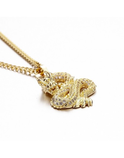 Luksusowe złote kolory cyrkon wisiorek w kształcie smoka naszyjniki dla kobiet mężczyzn Iced Out tenis złoty łańcuch Hip Hop biż
