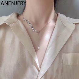ANENJERY Dainty regulowany 925 Sterling Silver długi Tassel pszenicy naszyjnik dla kobiet imitacja perły choker collares S-N471