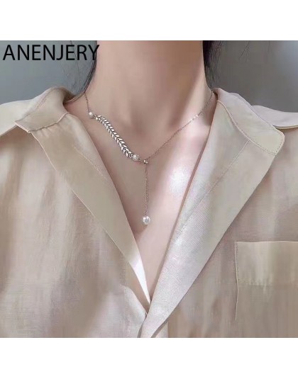ANENJERY Dainty regulowany 925 Sterling Silver długi Tassel pszenicy naszyjnik dla kobiet imitacja perły choker collares S-N471