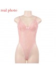 Kryptograficzny różowy Neon klasyczna przezroczysta koronka Body kobiety Sexy Backless Mesh kombinezon w paski wysoki krój Body 