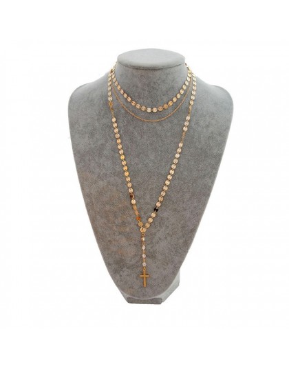 Złoty łańcuch wielowarstwowe cekiny Choker naszyjnik kobiety kryształowe monety naszyjniki z krzyżem wisiorki długi Chocker Coll