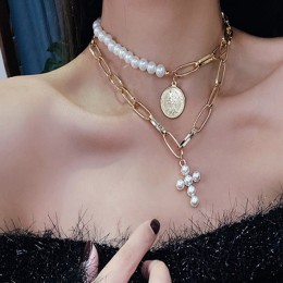 DIEZI luksusowy design imitacje pereł Choker naszyjnik kobieta krzyż wisiorek naszyjniki dla kobiet złoty kolor moda biżuteria m