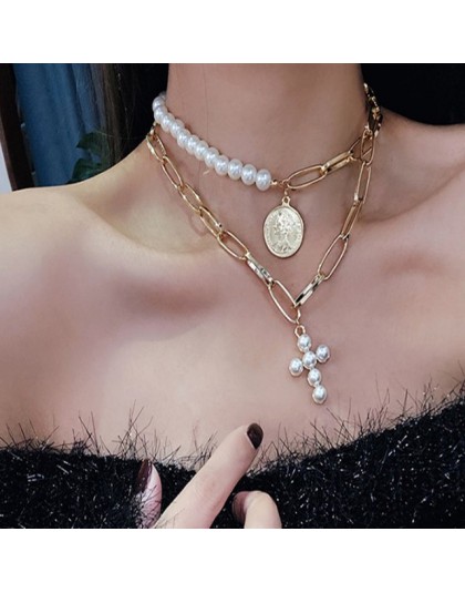 DIEZI luksusowy design imitacje pereł Choker naszyjnik kobieta krzyż wisiorek naszyjniki dla kobiet złoty kolor moda biżuteria m