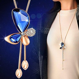 Klasyczny kryształowy motyl długi naszyjnik z frędzlem kobiety Bijoux New Fashion naszyjniki biżuteria i wisiorki prezent